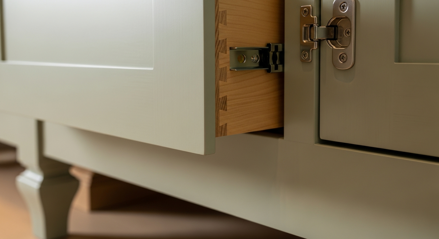Close-up of premium inset cabinet doors showing dovetail joinery and hand-applied finish on white oak custom cabinetry