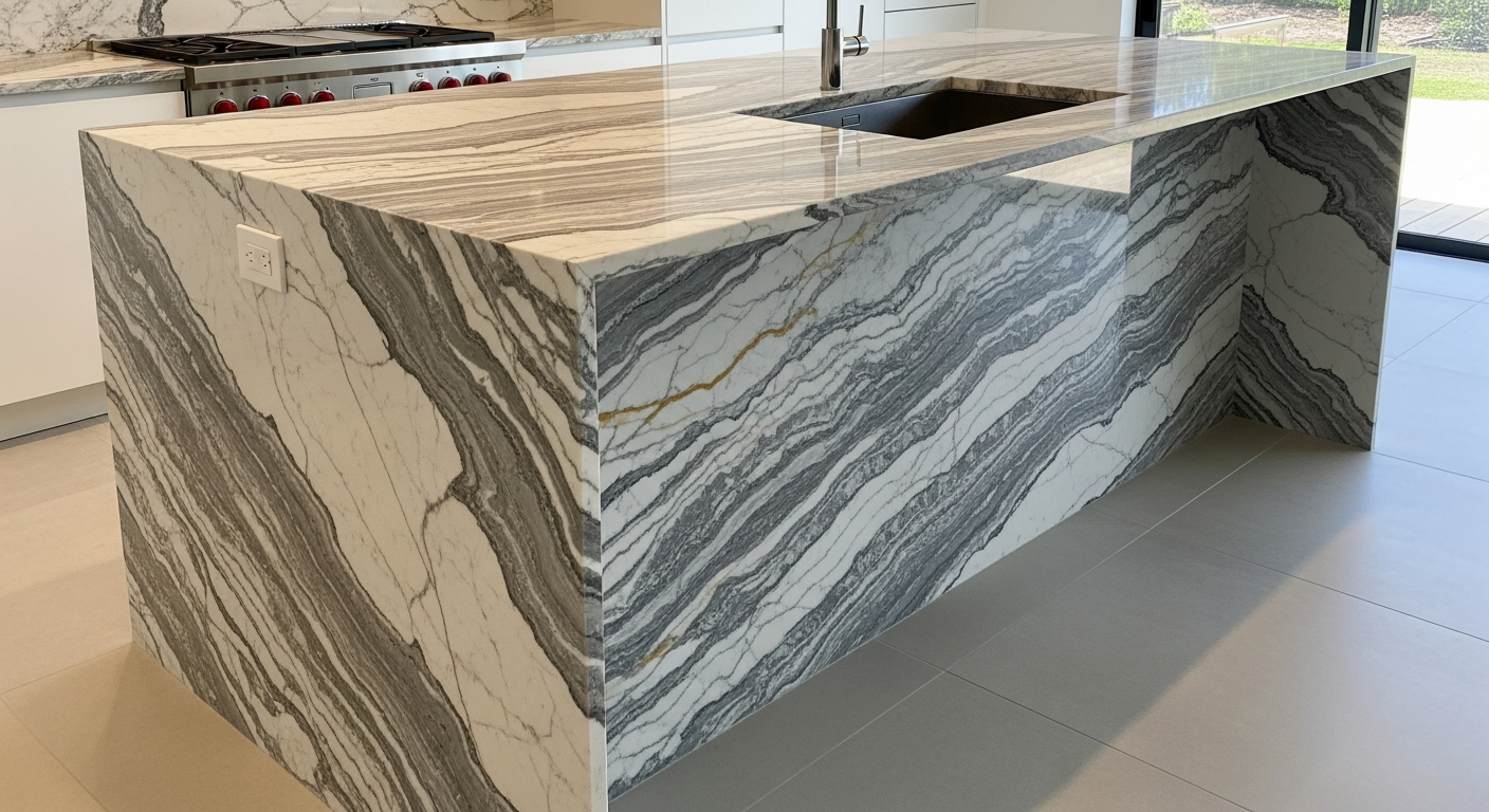 Book-matched quartzite waterfall island edge with Taj Mahal quartzite showing continuous veining pattern from countertop to floor