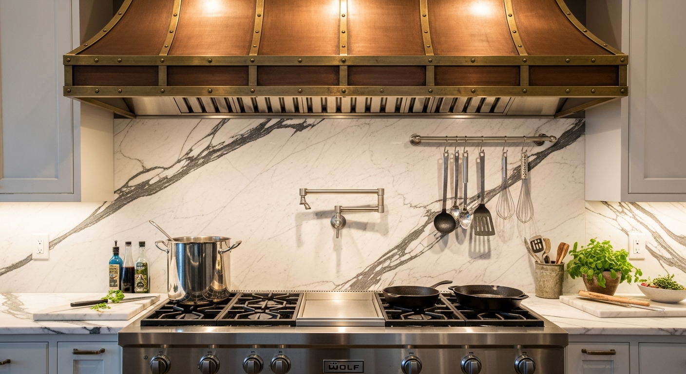Professional-grade Wolf range with custom copper range hood in a luxury kitchen with integrated Sub-Zero refrigeration