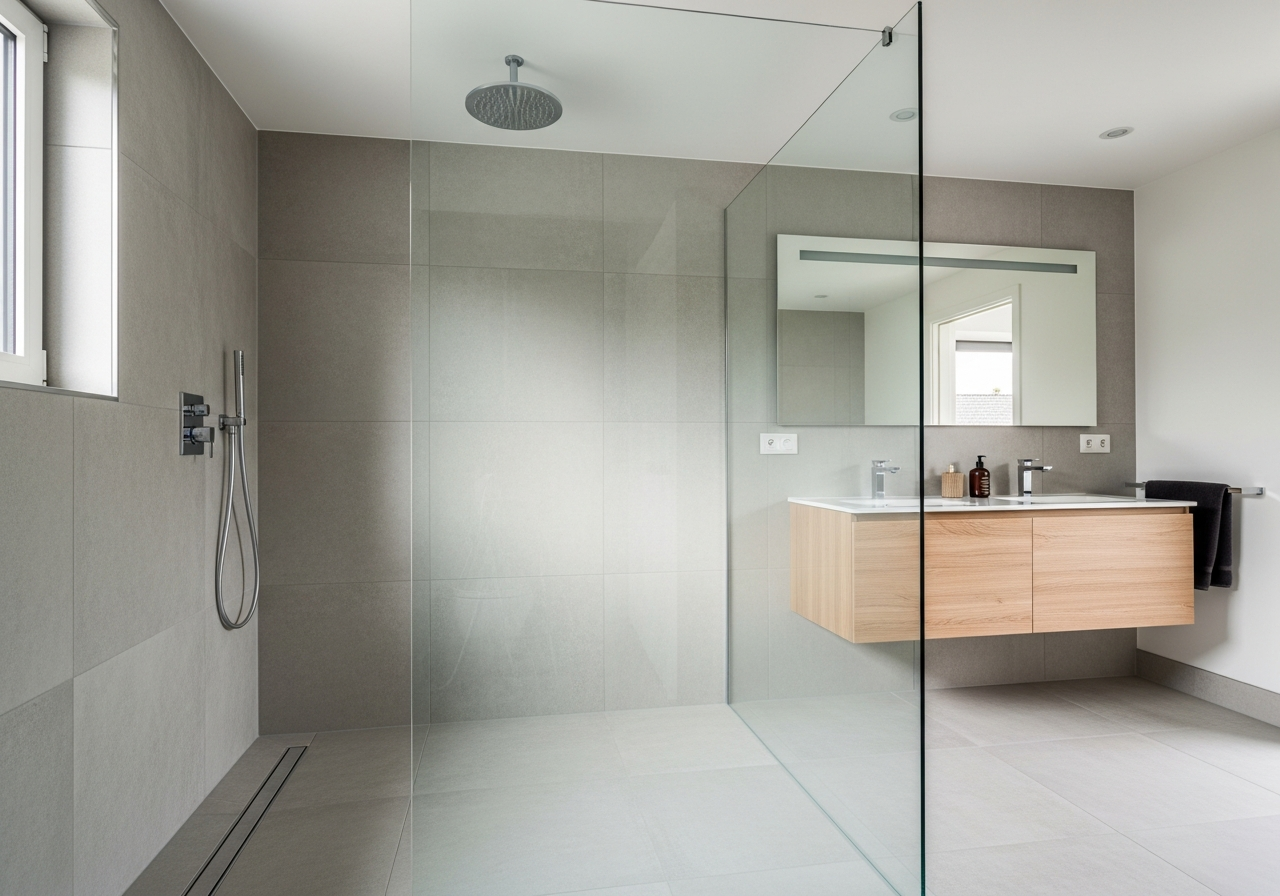 Frameless glass partition separating shower zone from vanity area in modern wet room design