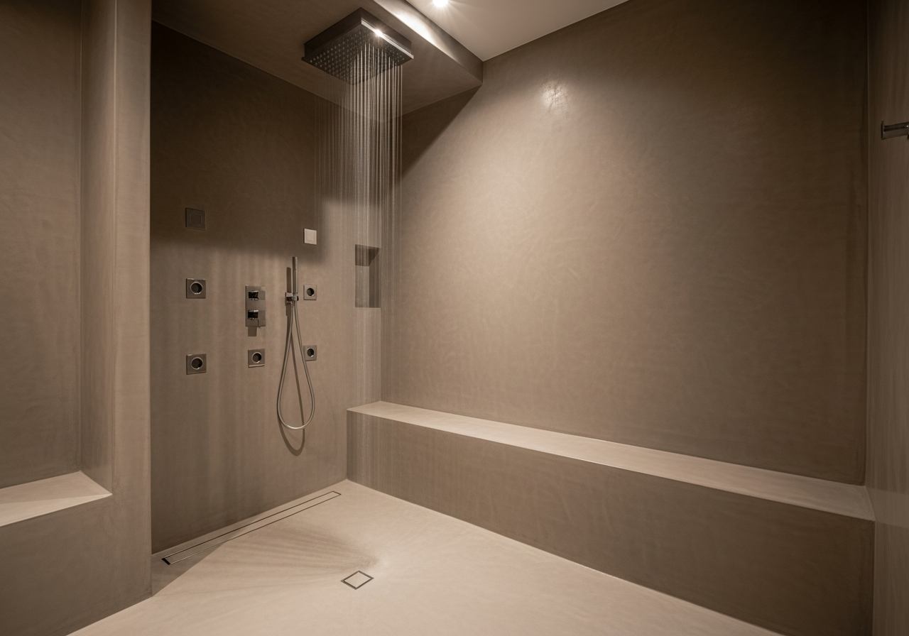 Seamless microcement walls and floor in luxury wet room with rainfall shower and body jets