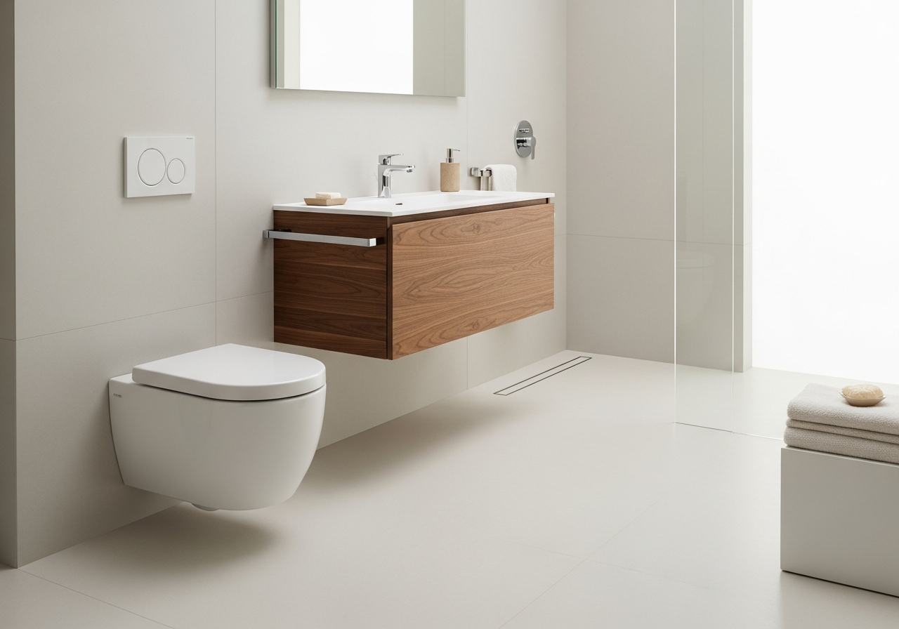 Wall-hung toilet and floating vanity in minimalist European wet room with linear drain