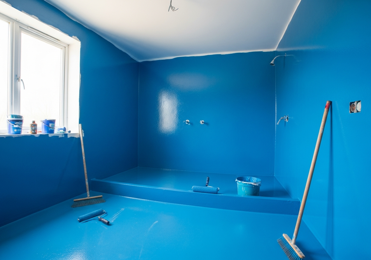Full-room tanking waterproof membrane applied to wet room walls and floor before tile installation