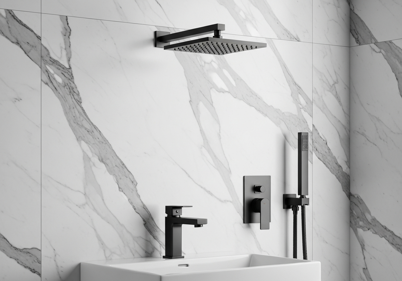 Matte black bathroom faucet and showerhead against white marble creating bold modern contrast
