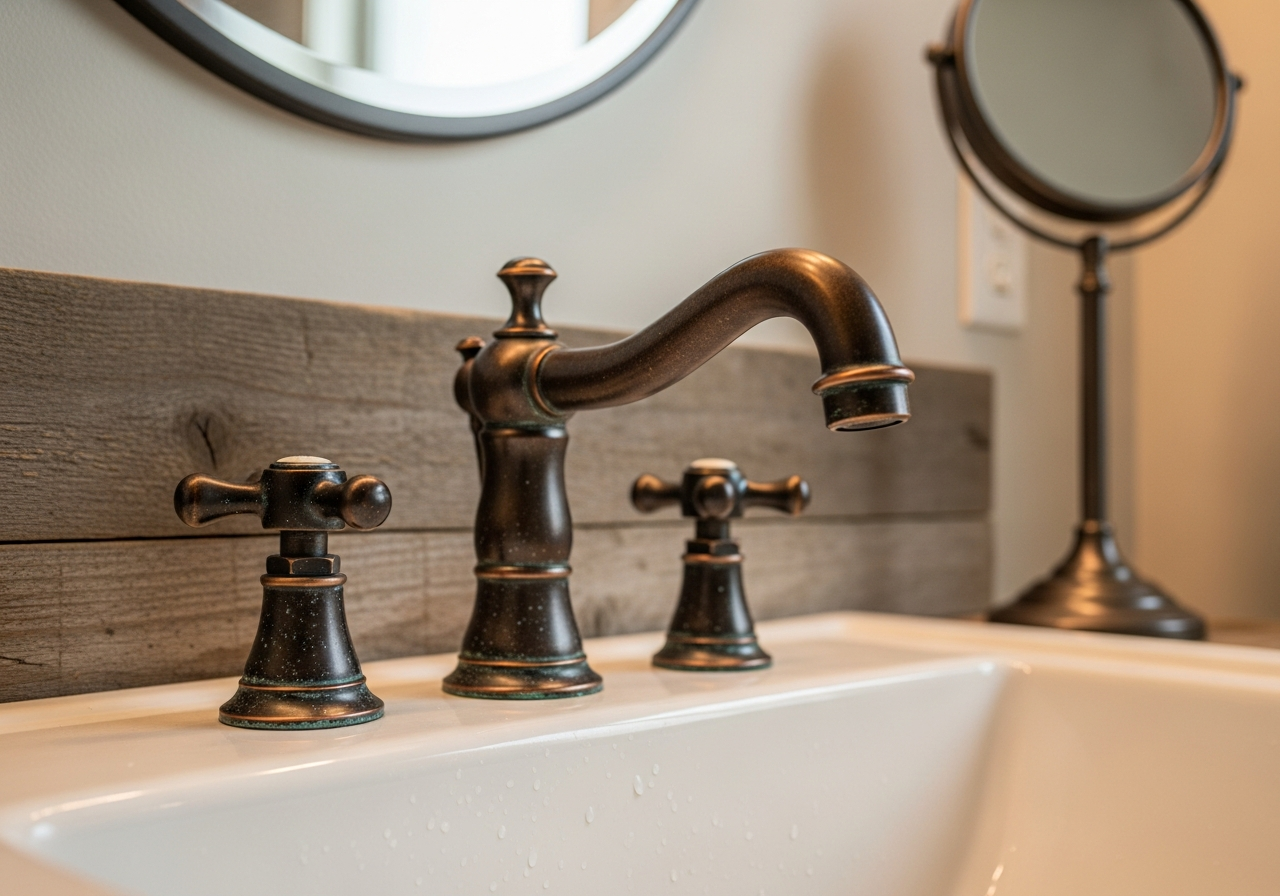 Oil-rubbed bronze faucet showing natural patina development on farmhouse style bathroom vanity