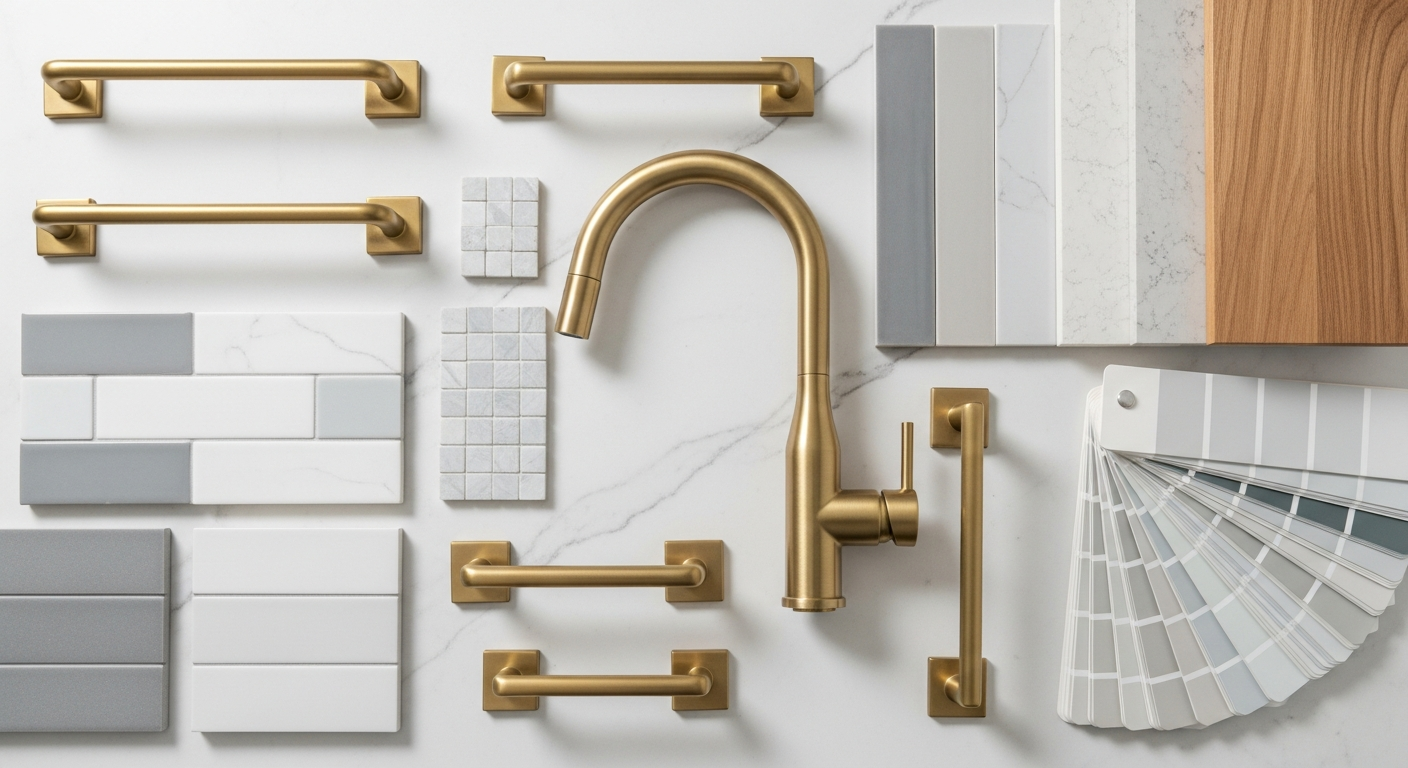 Matching brushed gold hardware and coordinated quartz surfaces across kitchen and bathroom showing cohesive design approach