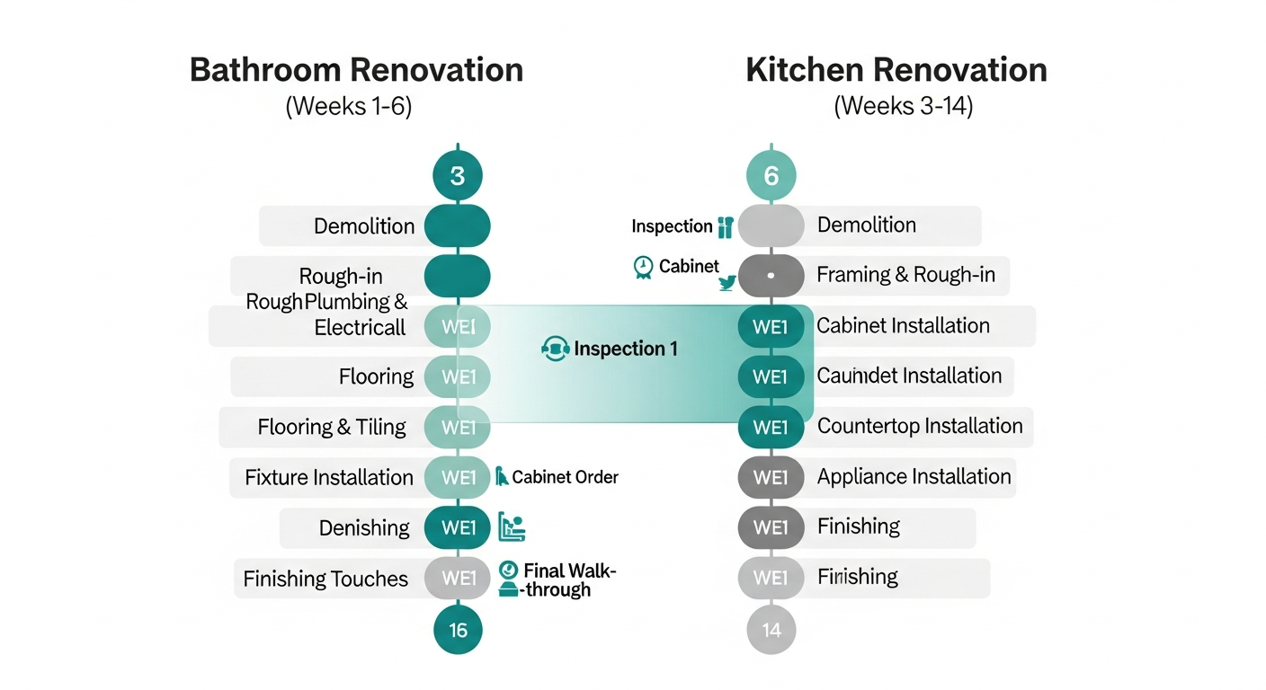 Gantt chart showing recommended sequencing for a dual kitchen and bathroom renovation with overlapping phases and milestone markers