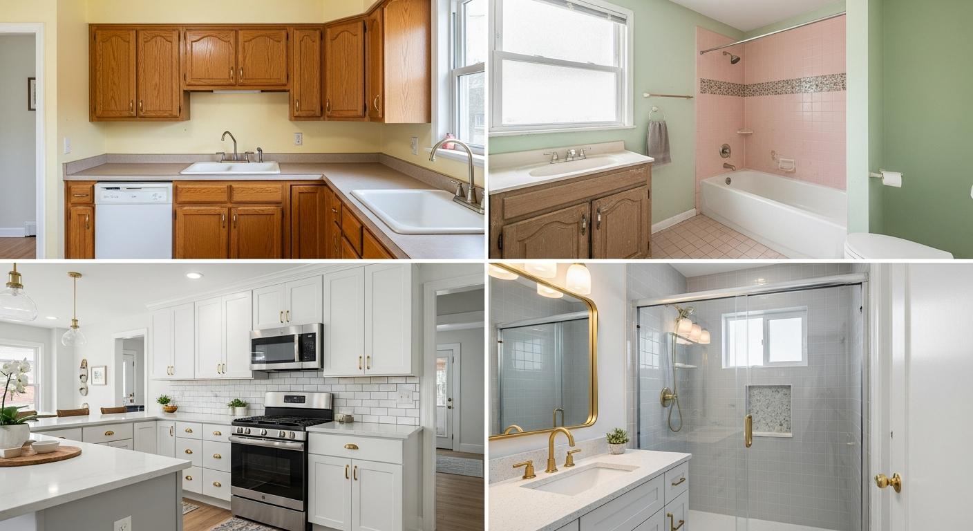 Side-by-side before and after comparison of a kitchen and bathroom remodeled together showing cohesive design finishes