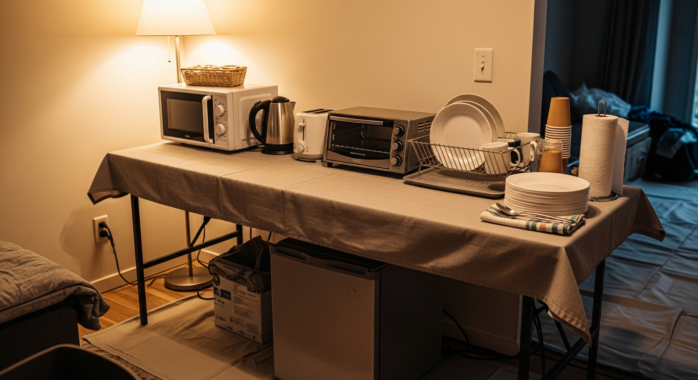 Well-organized temporary kitchen setup in a dining room with microwave, mini fridge, electric kettle, and organized supplies during renovation