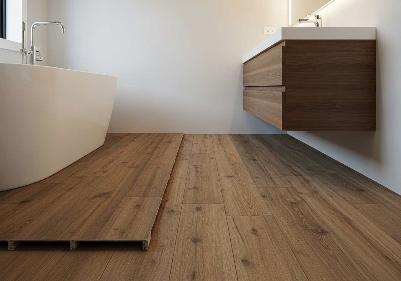 Luxury vinyl plank flooring installed in bathroom with realistic wood grain texture and waterproof core