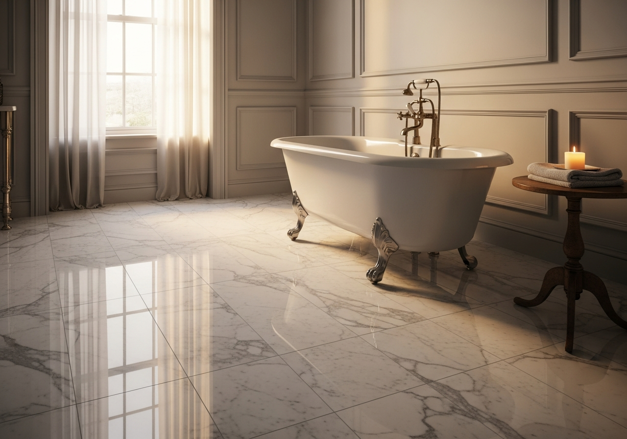 Honed marble floor tiles in luxury bathroom with subtle veining and warm undertones