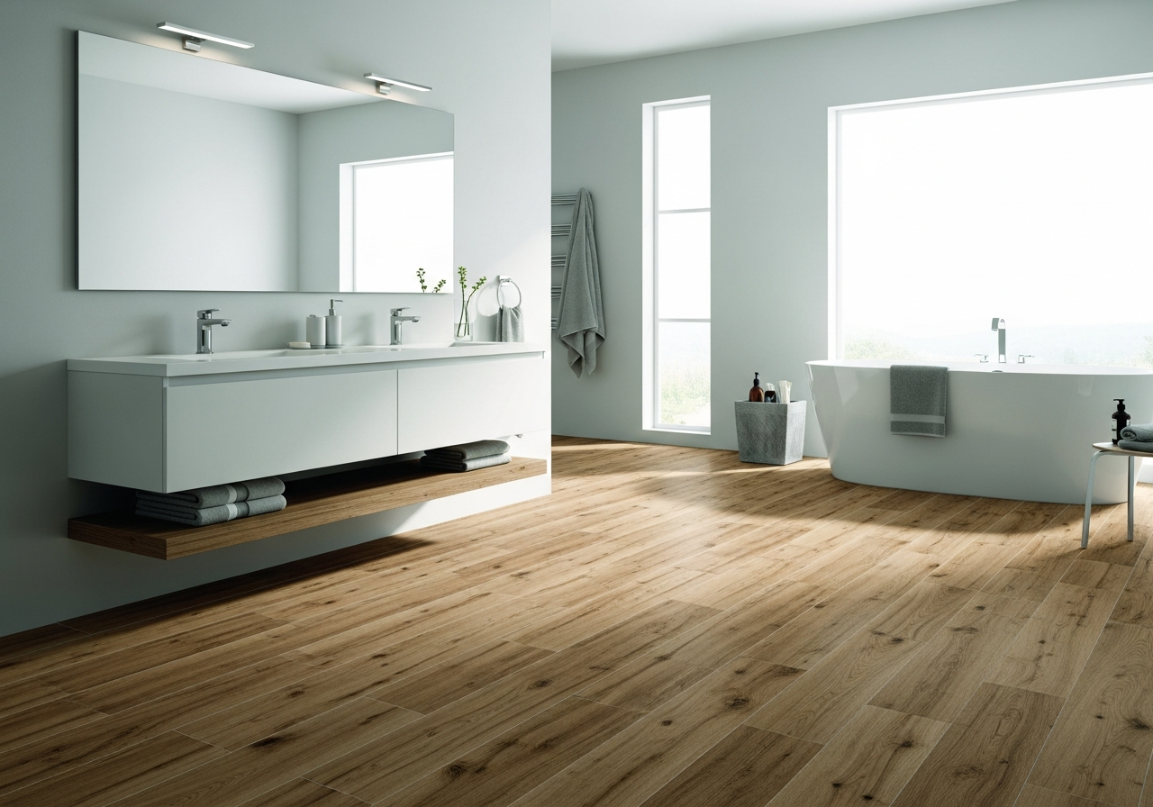 Large format porcelain tile floor in modern bathroom showing seamless wood-look finish