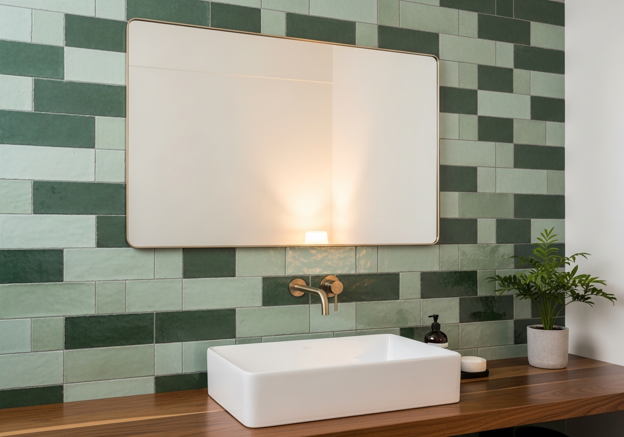 Handmade zellige tiles in sage green creating a stunning accent wall behind bathroom vanity