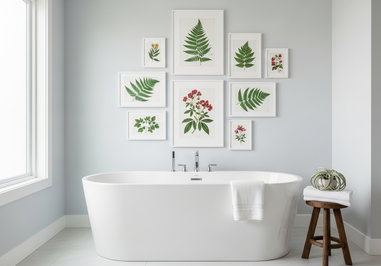 Curated gallery wall arrangement above bathtub with framed botanical prints in humidity-resistant frames
