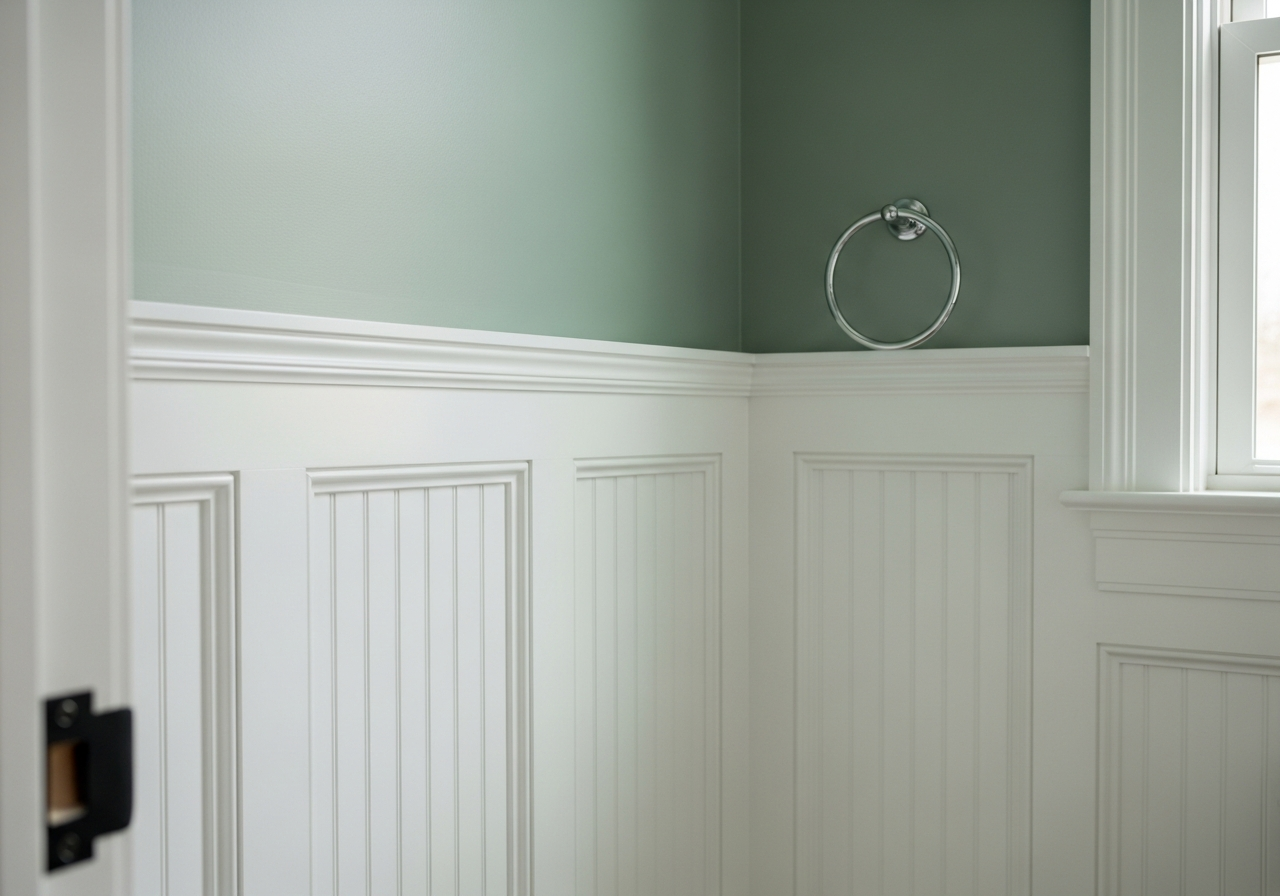 White board and batten wainscoting on lower bathroom walls with painted upper wall