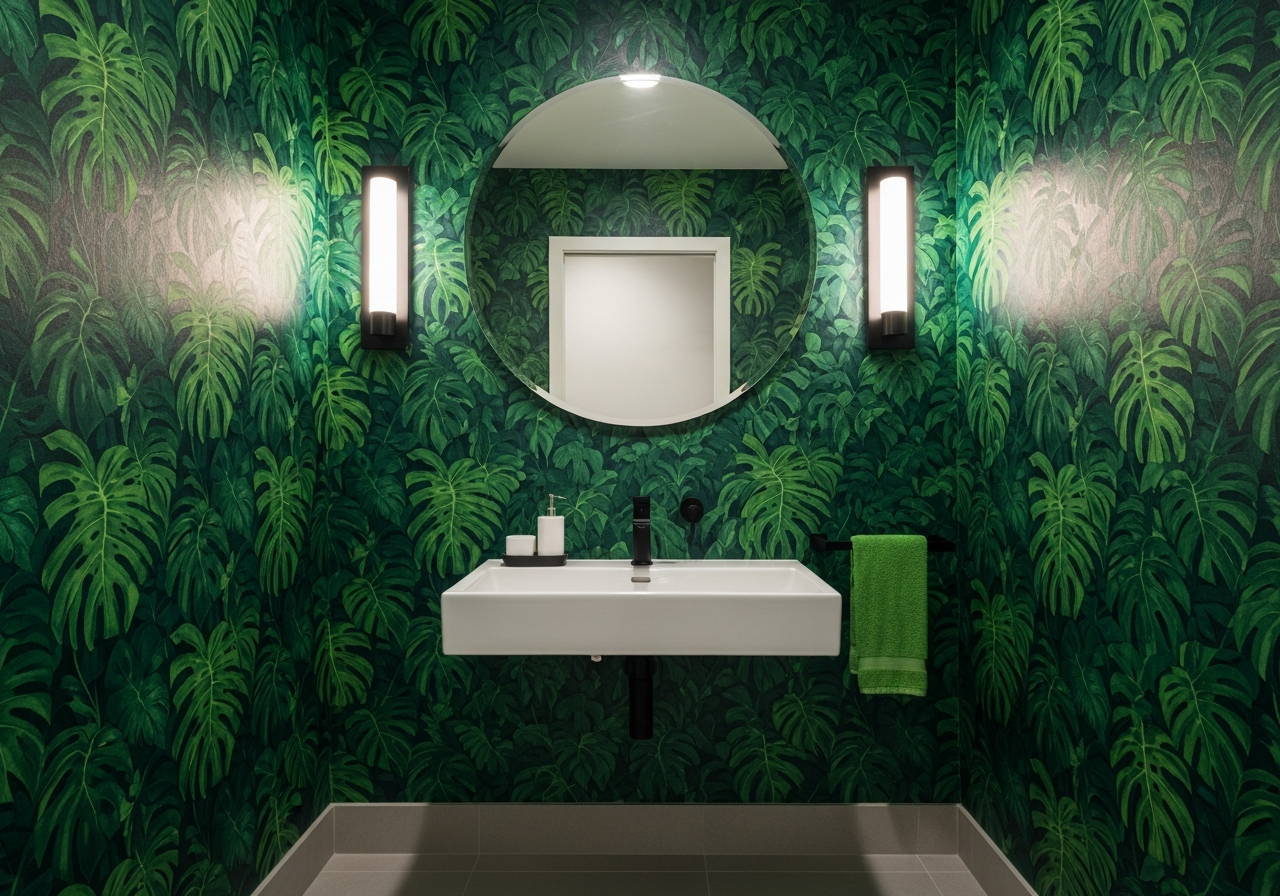 Bold botanical waterproof wallpaper transforming bathroom walls with tropical leaf pattern