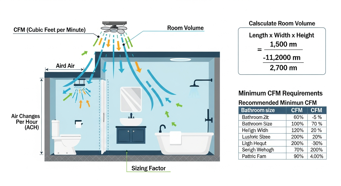 Bathroom exhaust fan CFM sizing diagram showing room volume calculations and minimum requirements