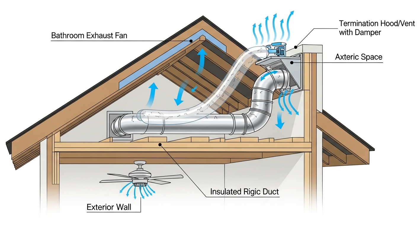 Proper bathroom exhaust duct routing showing insulated duct running to exterior wall termination point