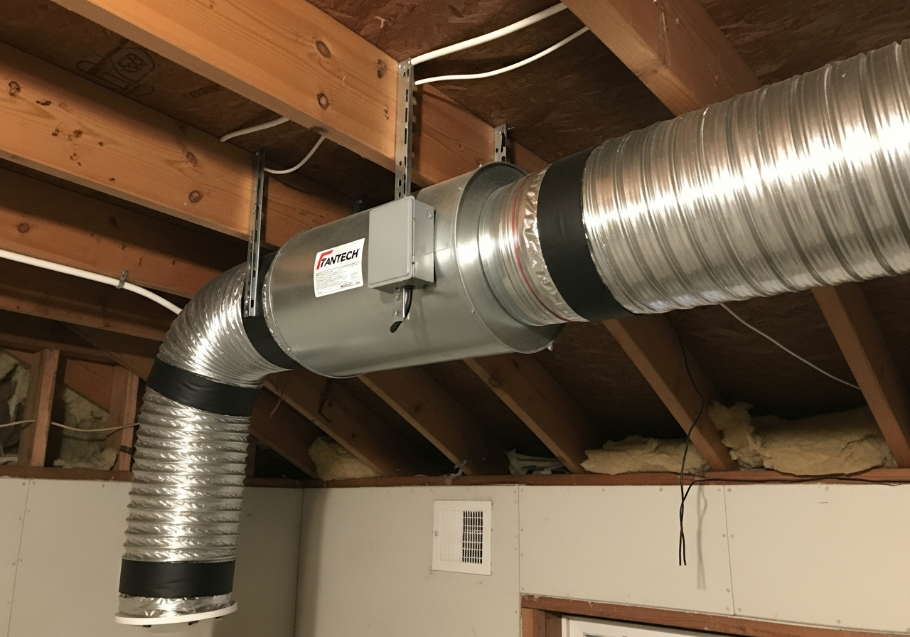 Inline remote exhaust fan installed in attic with insulated ductwork connecting to bathroom ceiling vent