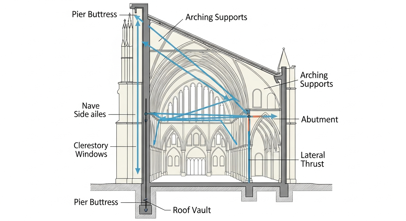 Cross-section architectural diagram of a gothic cathedral showing how flying buttresses transfer the lateral thrust from the nave vault outward and downward through arched struts to massive exterior pier buttresses