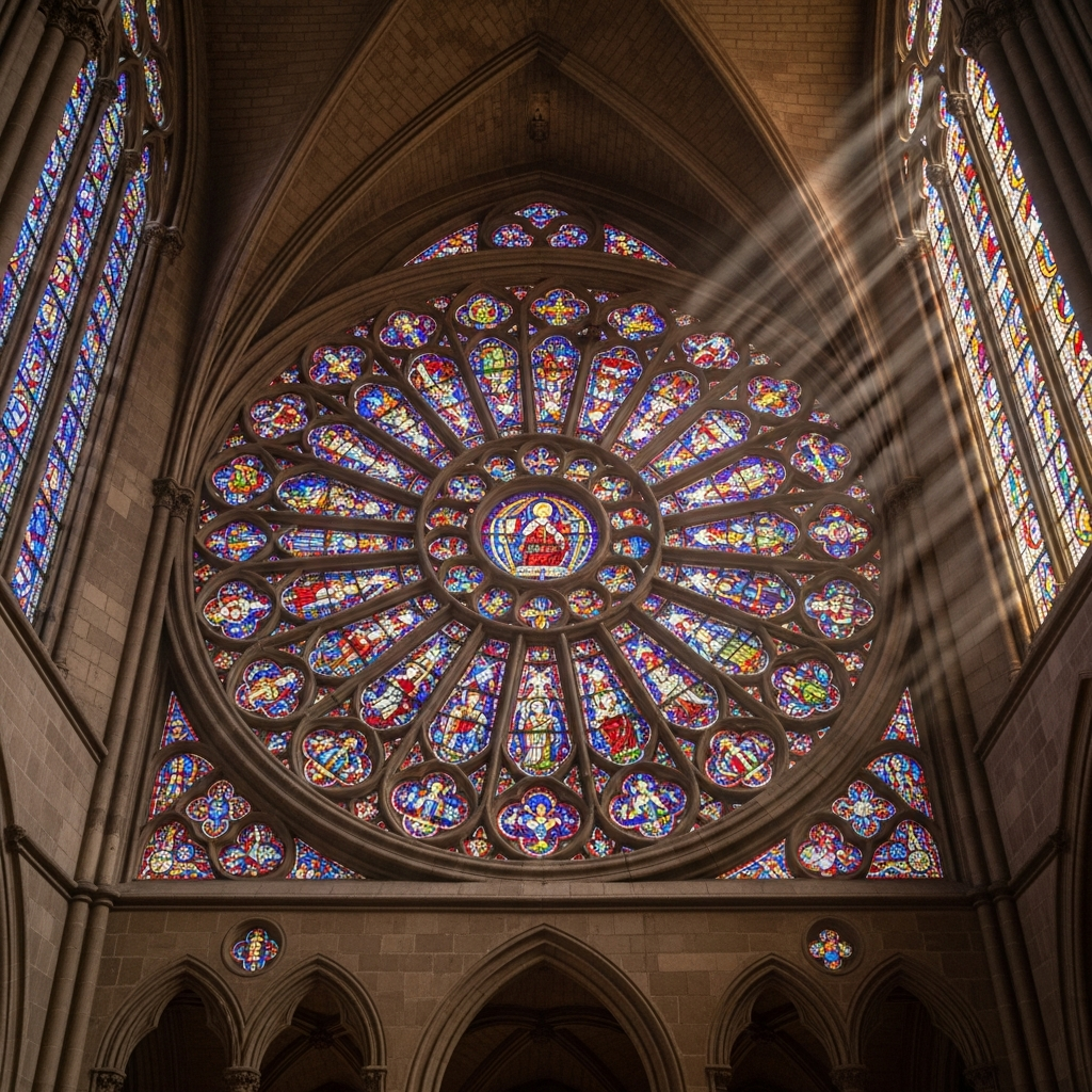 Stunning rose window from a gothic cathedral showing intricate radiating stone tracery filled with deep blue and red stained glass panels arranged in complex geometric patterns
