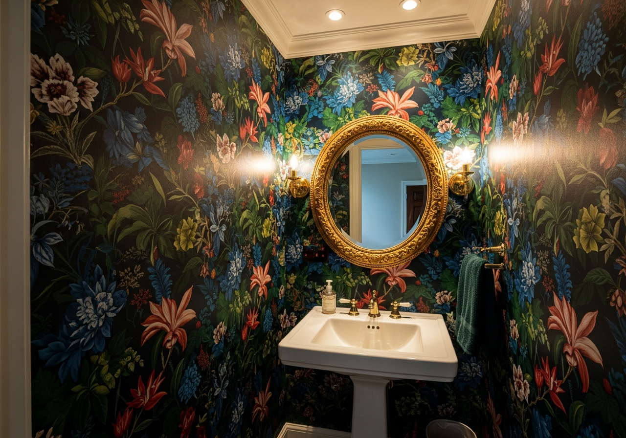 Dramatic botanical wallpaper in jewel tones transforming a small powder room into a stunning statement space