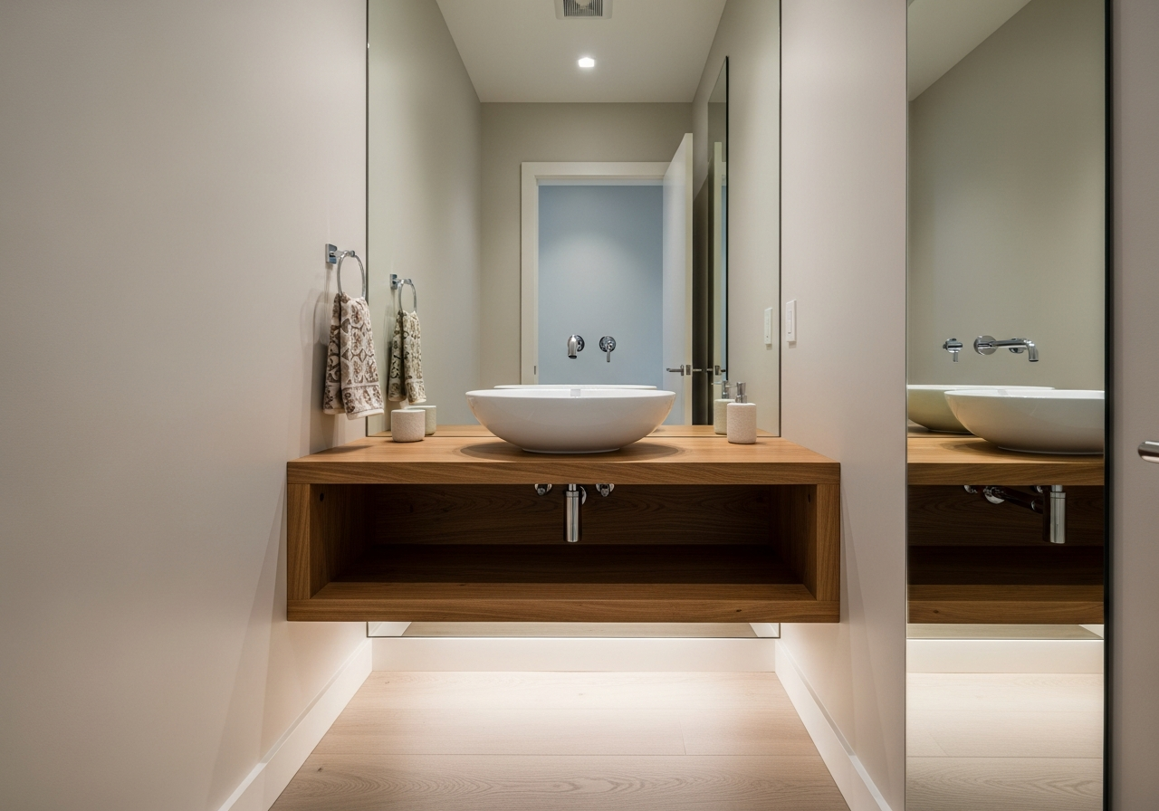 Wall-mounted floating vanity with vessel sink in compact powder room maximizing floor space