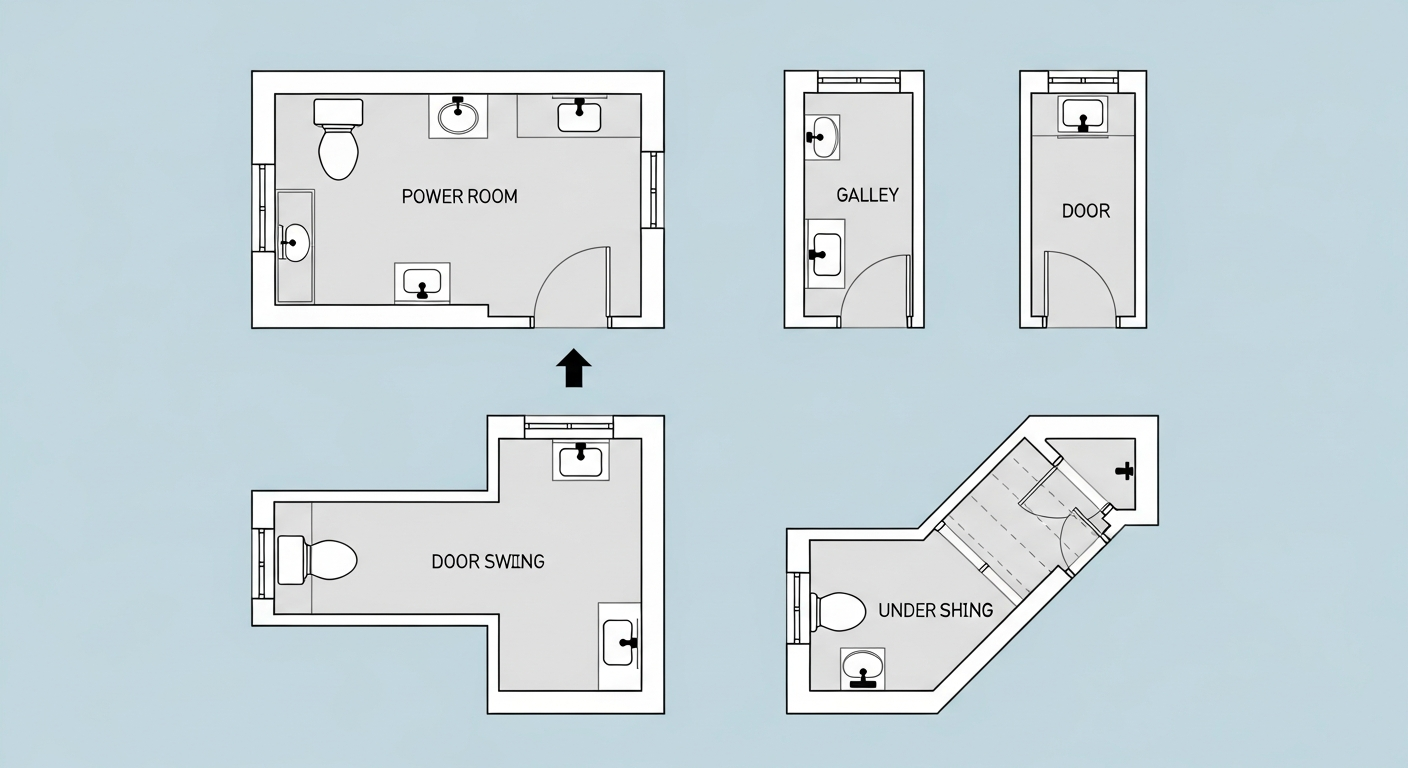 Four half bath layout diagrams showing standard narrow corner and under-stairs powder room configurations