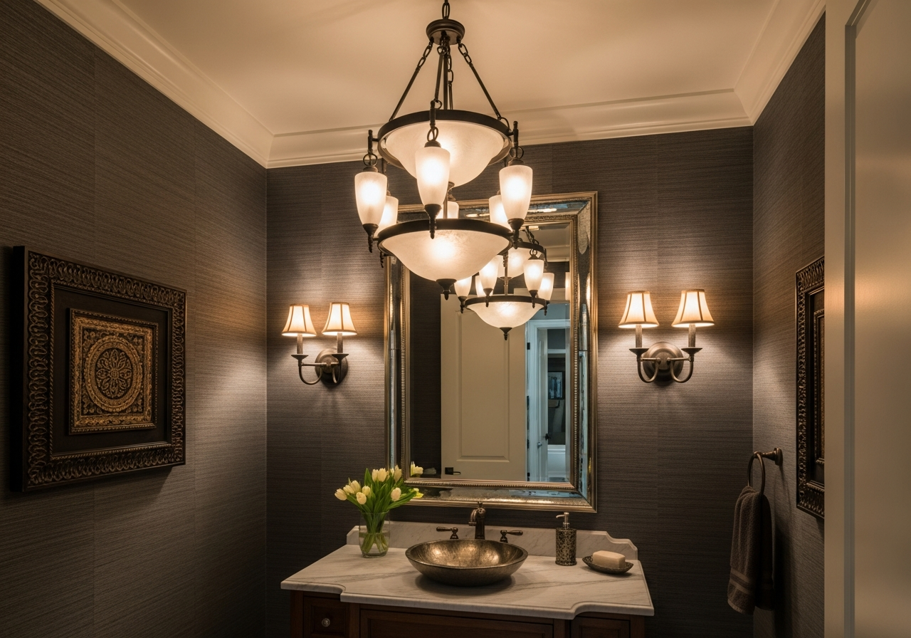 Dramatic pendant light and wall sconces providing layered lighting in elegant powder room design