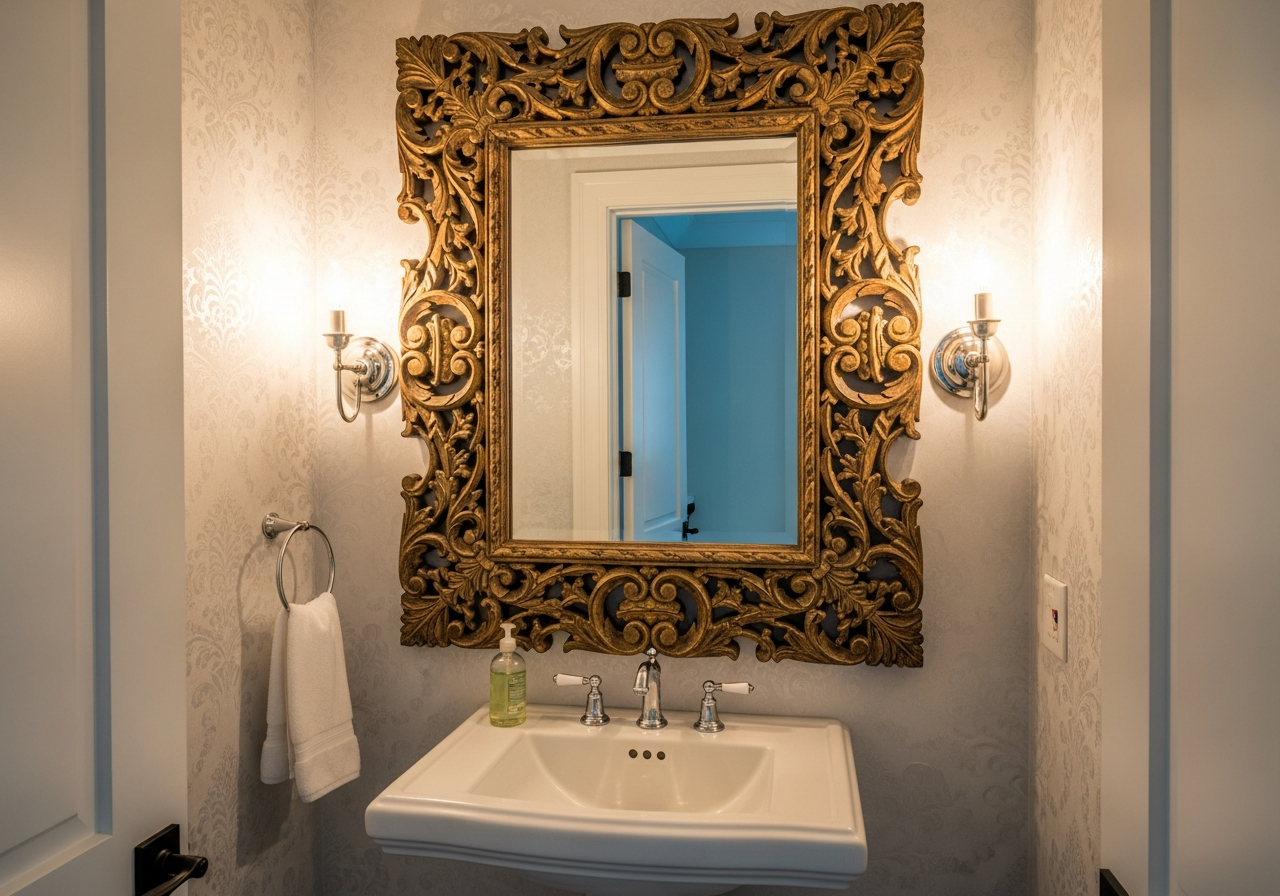 Oversized decorative mirror with ornate frame creating a dramatic focal point in small powder room