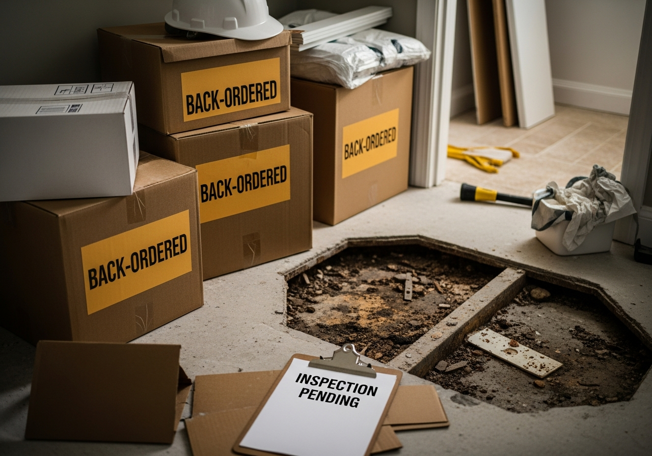 Bathroom remodel delay factors including material back-orders hidden water damage and permit inspections