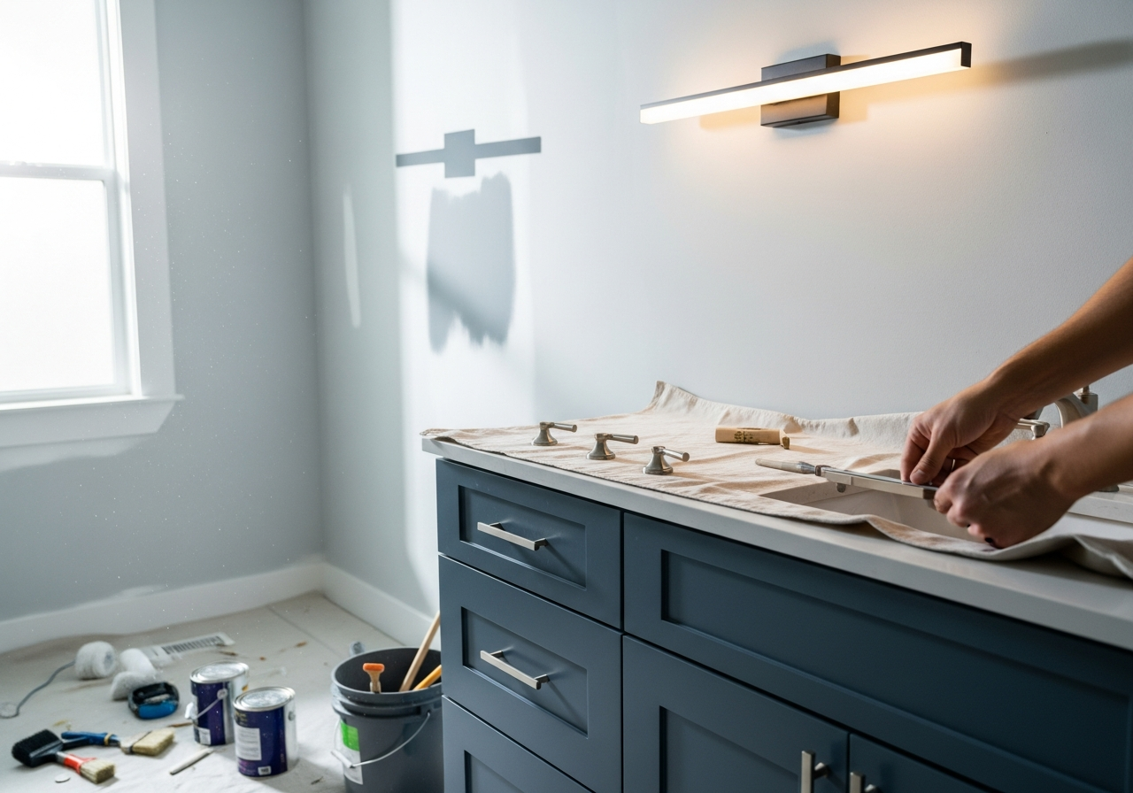 Bathroom cosmetic refresh showing new paint hardware and light fixtures as quick weekend updates
