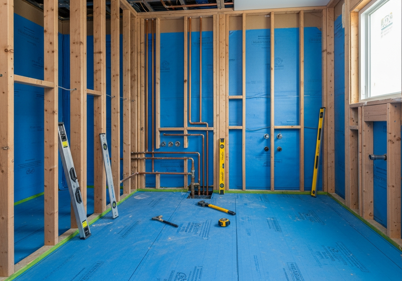 Full gut bathroom remodel in progress showing exposed framing new plumbing rough-in and waterproofing