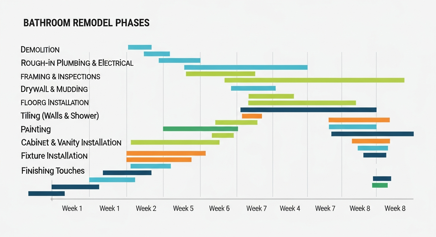 Visual Gantt chart showing bathroom remodel phases from demolition through finishing with duration bars