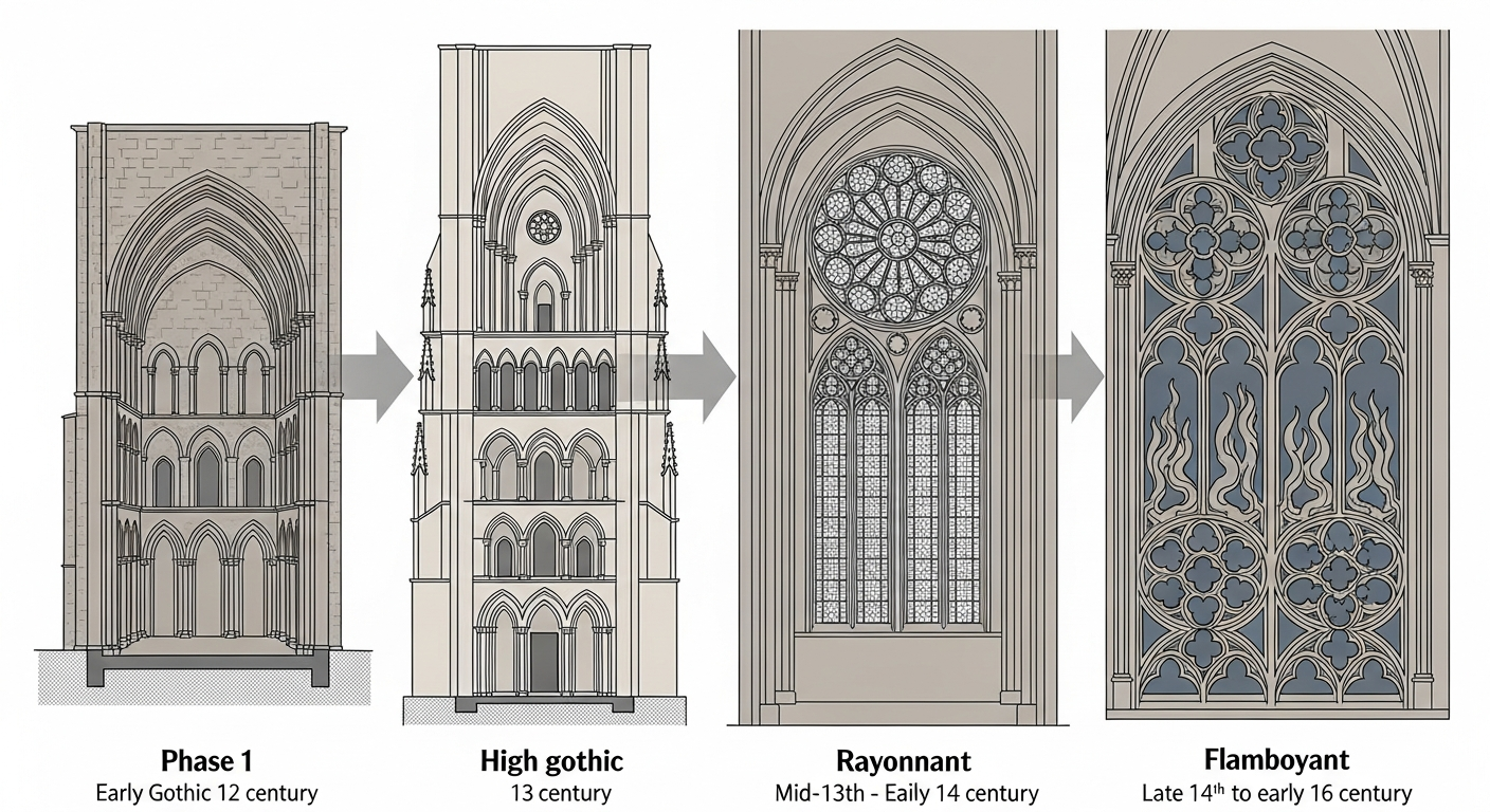 Visual timeline showing the evolution of French gothic architecture from Early Gothic at Saint-Denis through High Gothic at Chartres, Rayonnant at Sainte-Chapelle, and Flamboyant at Rouen