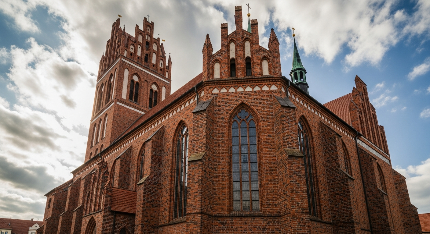 Red brick gothic churches and civic buildings of the Baltic region showing the distinctive Backsteingotik style with stepped gables, pointed brick arches, and glazed brick decoration