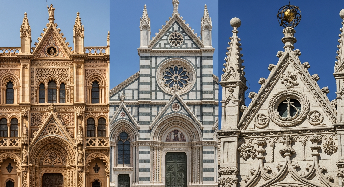 Collage showing Italian gothic with colorful marble facades, Spanish gothic with Moorish-influenced details, and Portuguese Manueline gothic with maritime rope and coral motifs