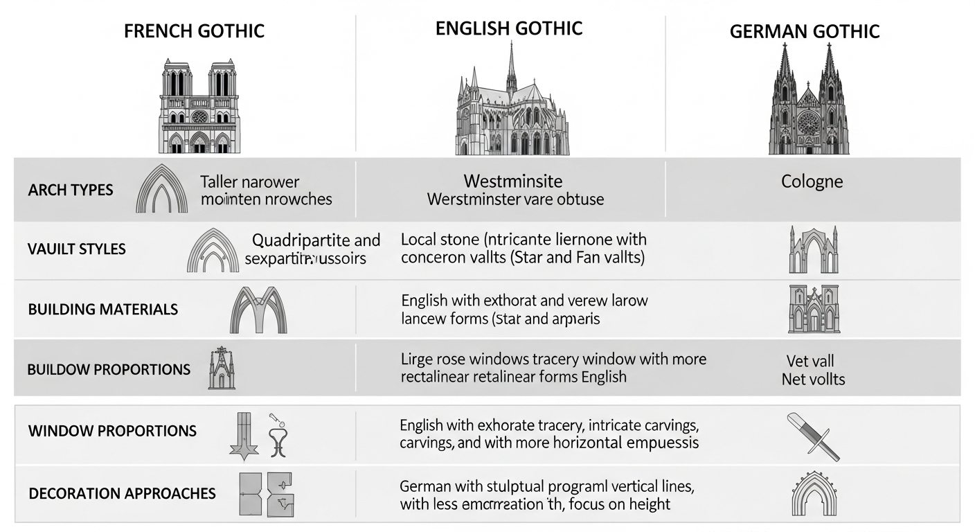 Detailed comparison table showing the differences between French, English, and German gothic architecture across categories including arches, vaults, materials, proportions, windows, and decoration