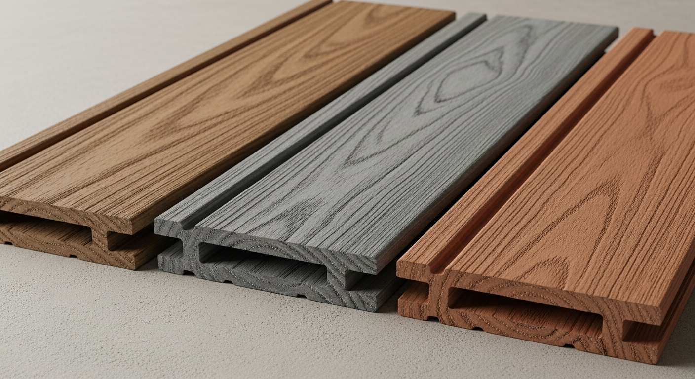 Three composite decking color options installed showing tropical hardwood gray weathered and warm cedar tones