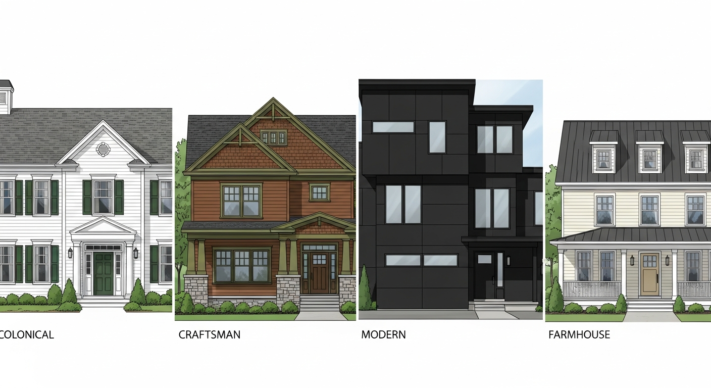 Four home architectural styles side by side showing ideal paint color combinations for each