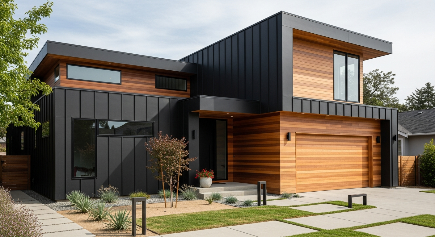 Modern home with black exterior siding and natural cedar wood accent wall and garage door