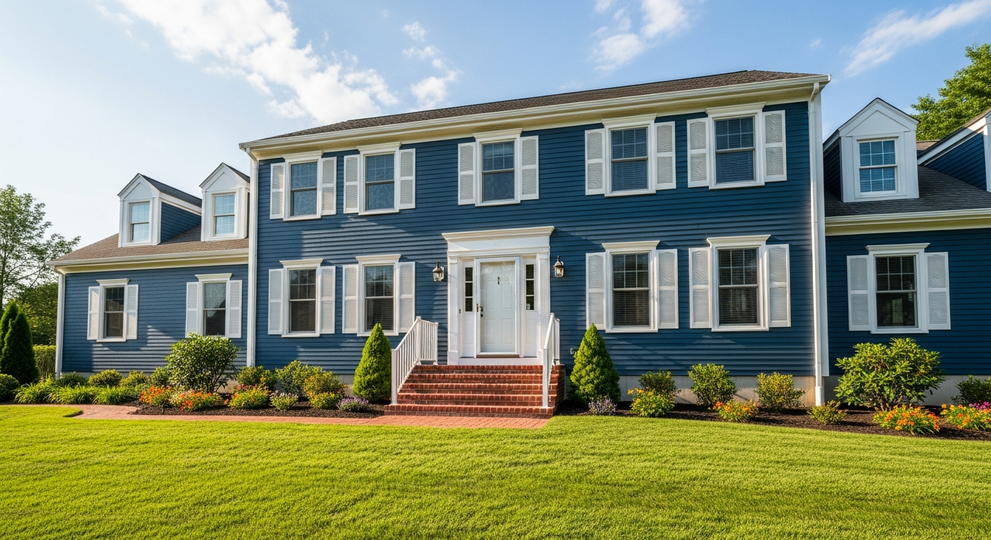 Classic navy blue house with crisp white trim shutters and front door showing timeless curb appeal