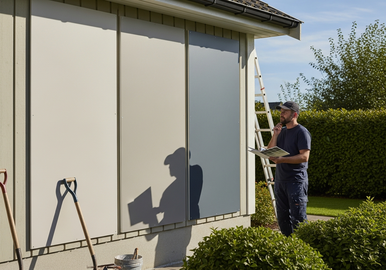 Large paint color samples on exterior wall showing how colors look in natural daylight