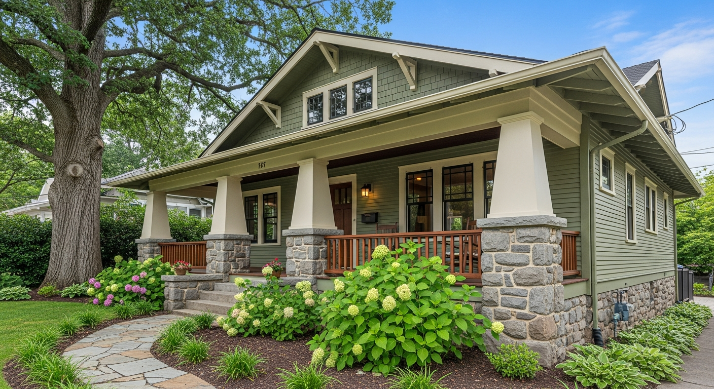 Craftsman style home painted sage green with cream trim and natural stone accents