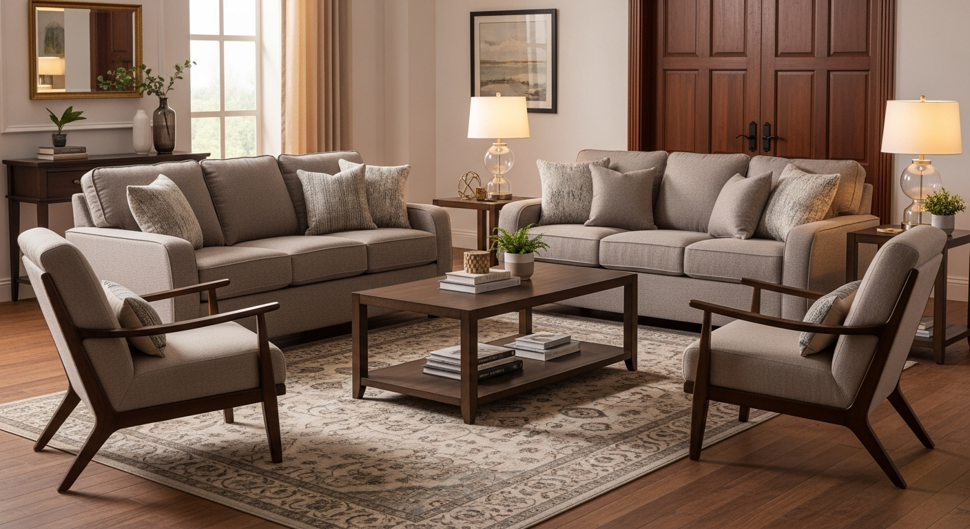 Living room conversation layout with two sofas facing each other across coffee table creating intimate seating arrangement
