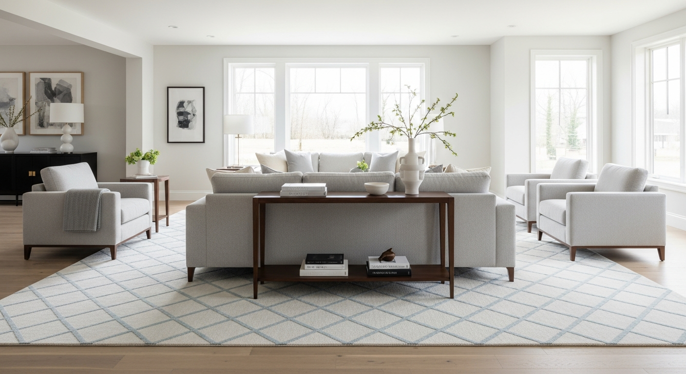 Floating furniture arrangement showing sofa pulled away from wall with console table behind creating defined seating zone