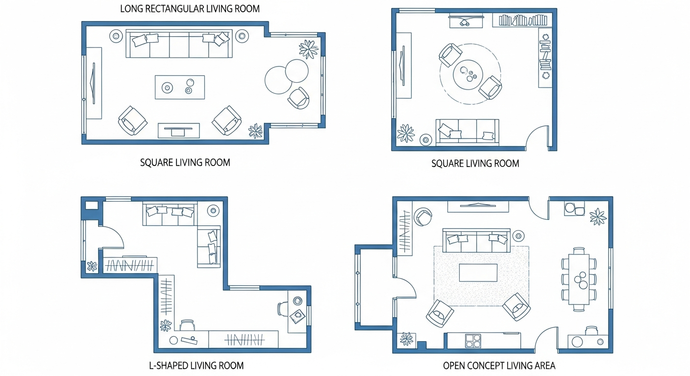 Four different living room shapes showing optimal furniture arrangements for rectangular square L-shaped and open concept rooms