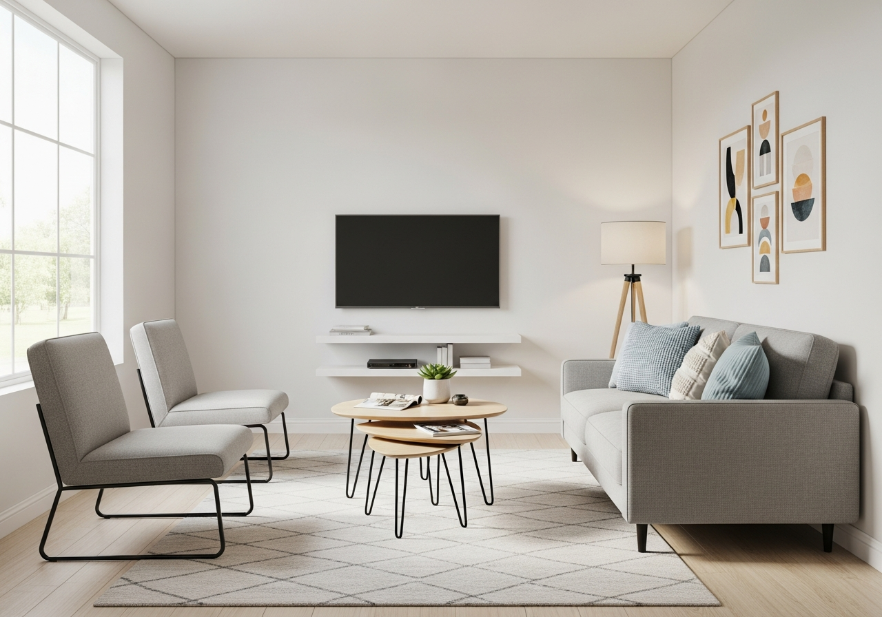 Small living room with space-saving furniture arrangement showing armless chairs loveseat and nesting tables