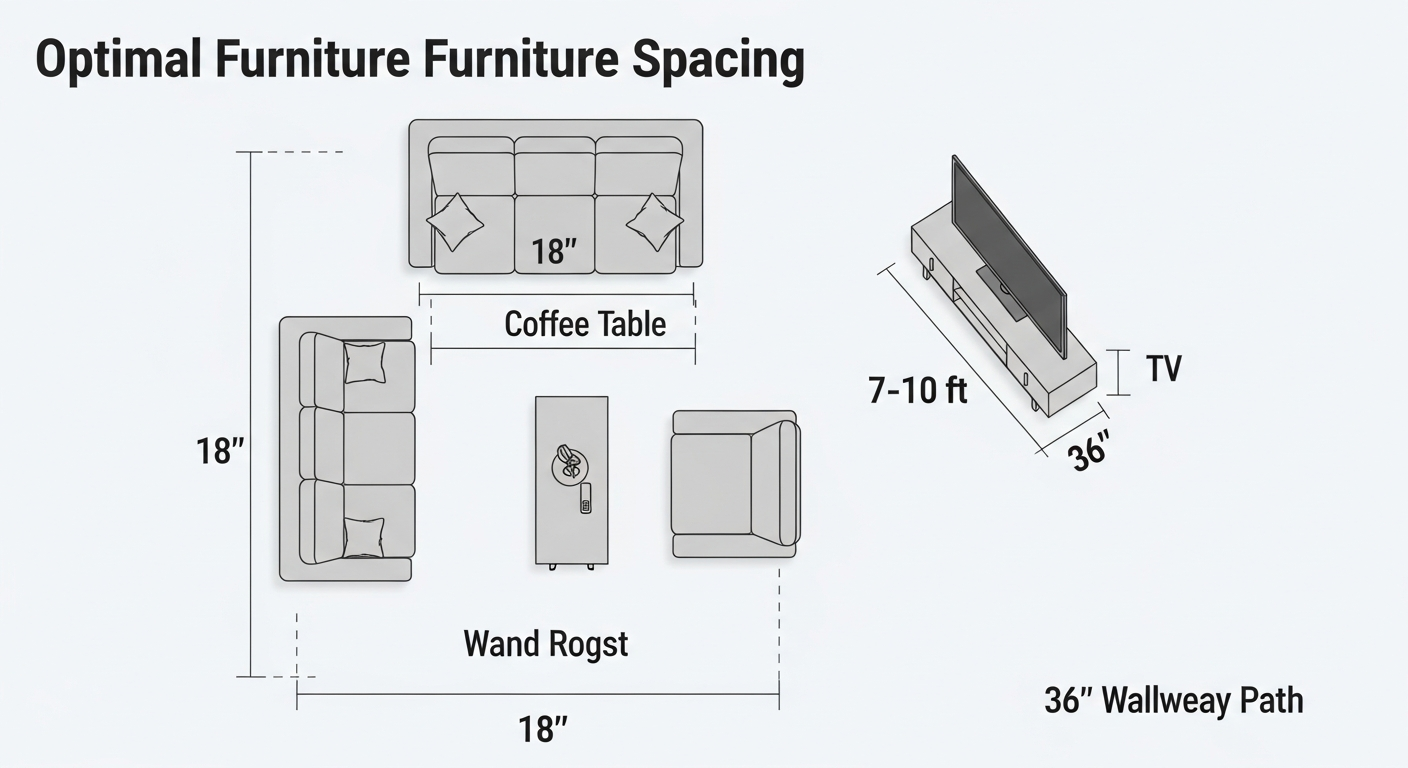 Living room furniture spacing measurements diagram showing ideal distances between sofa coffee table and TV