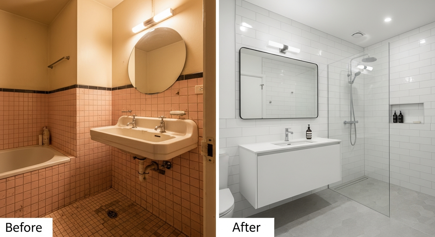 Small bathroom before and after remodel showing dramatic transformation from dated to modern design